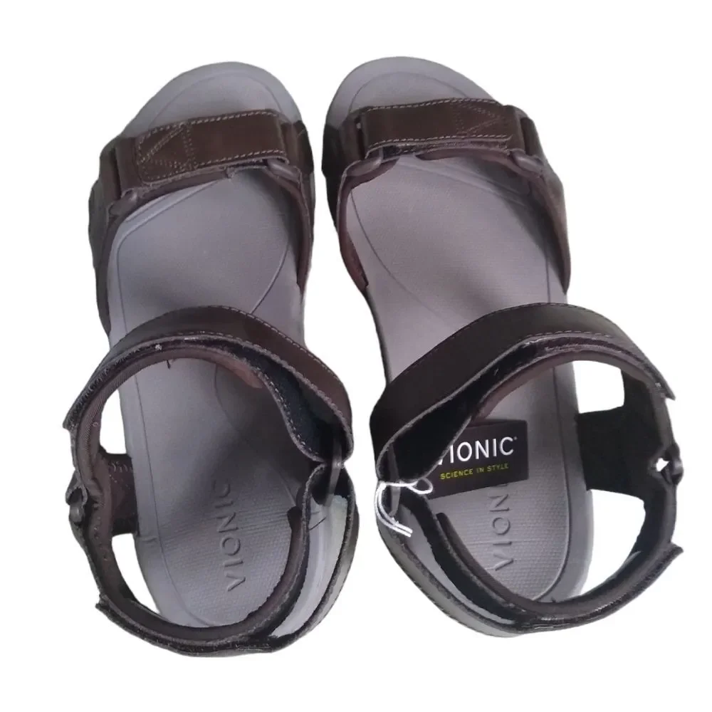 New! Vionic Velcro Adjustable Canoe Leo Men's Brown Leather Strap Sandal